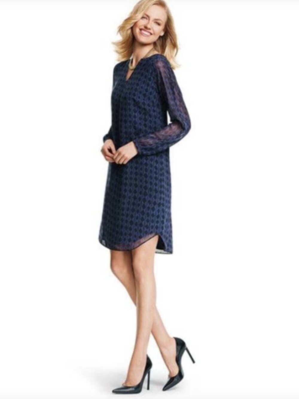 CAbi Harlequin Diamond Blue & Black Sheer Sleeve Shift Dress Office Career - M